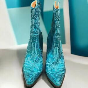Helen's Heart Turquoise Glitter Sequin Western Ankle Boots